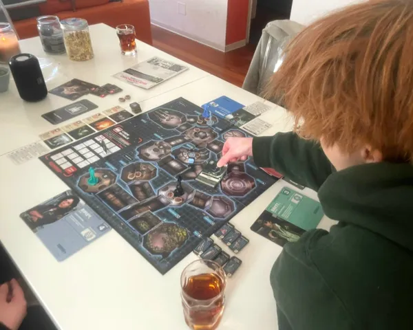 Leaning over a sci-fi board game with miniatures and character cards spread across a white table